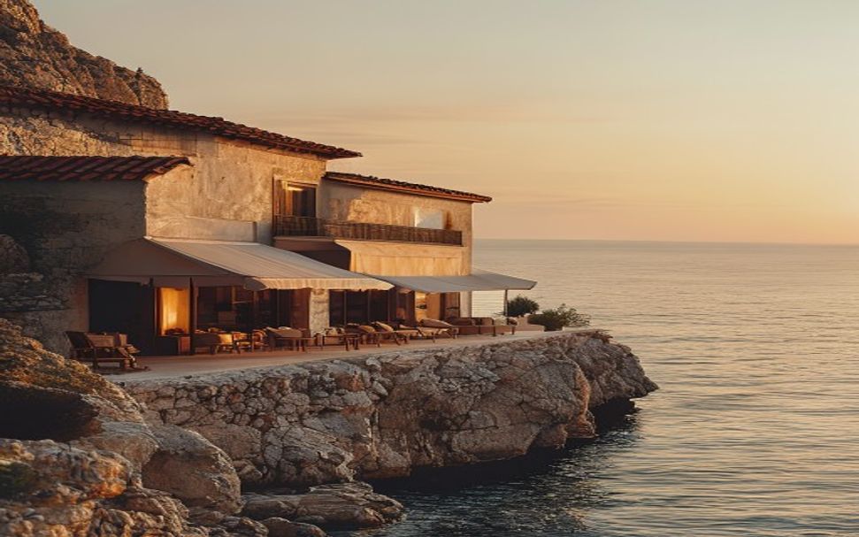A secluded villa on a Mediterranean cliff at golden hour