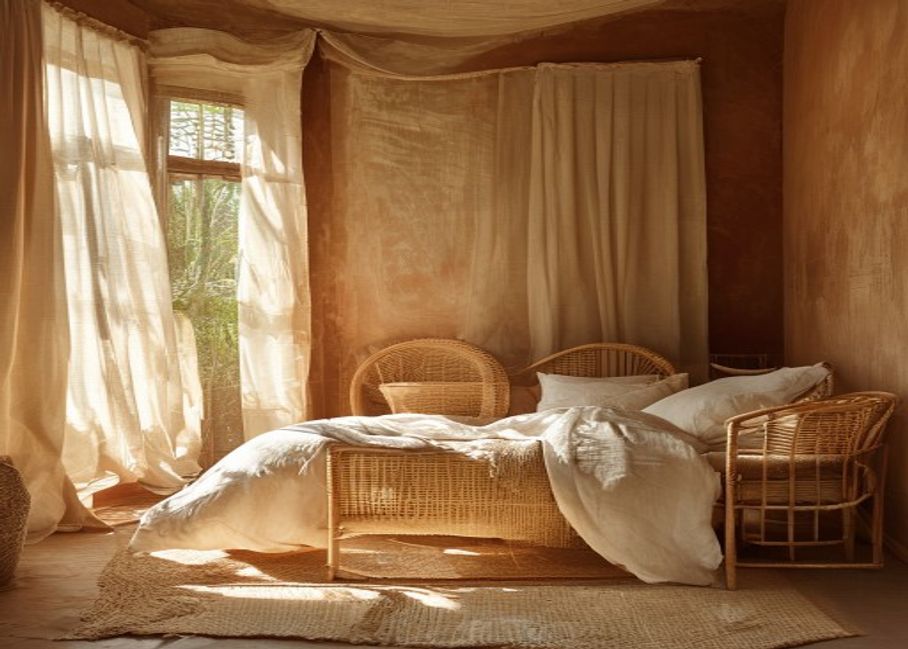 Sunlit bedroom with linen bedding and terracotta walls