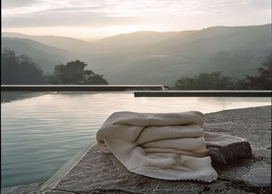 Infinity pool edge overlooking a hazy valley at sunrise