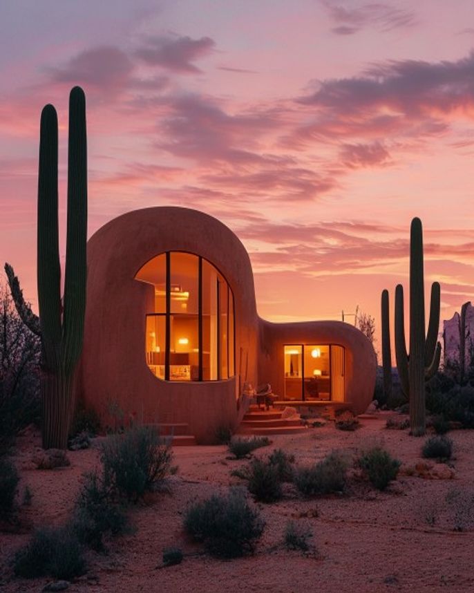 Adobe house with rounded clay walls at dusk