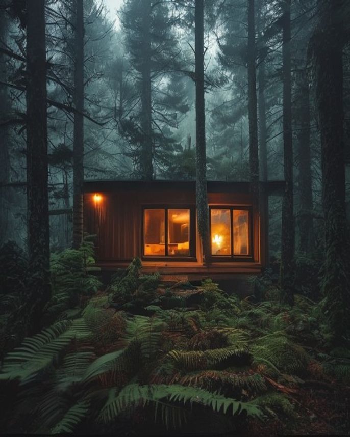 Cedar cabin glowing in a misty pine forest