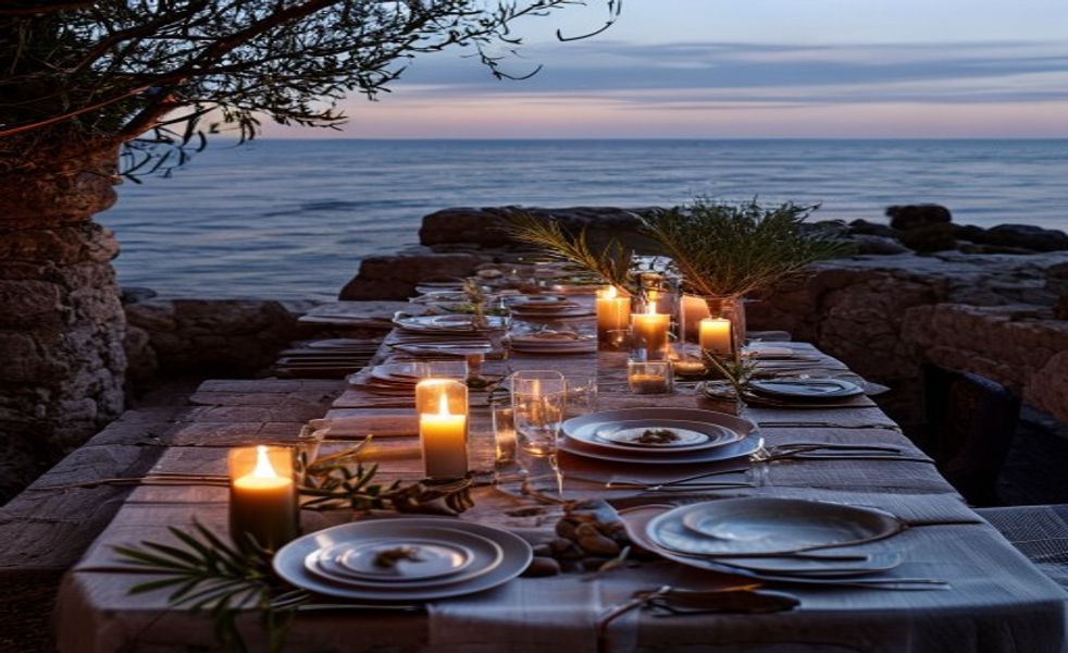 A long dinner table set on a stone terrace at dusk